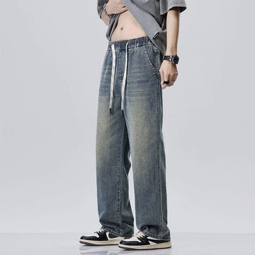 Men's Summer Baggy Jeans Big Size M-4XL Lightweight Cotton Wide Leg Straight Denim Pants Loose Fit Blue Jean Trousers